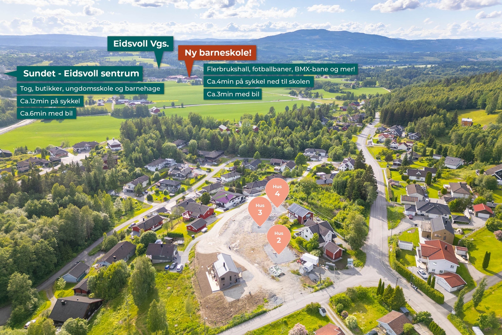 Boligene får fin beliggenhet tett på naturen, med nærhet til sentrum, tog, skoler og barnehage. Galleribilde