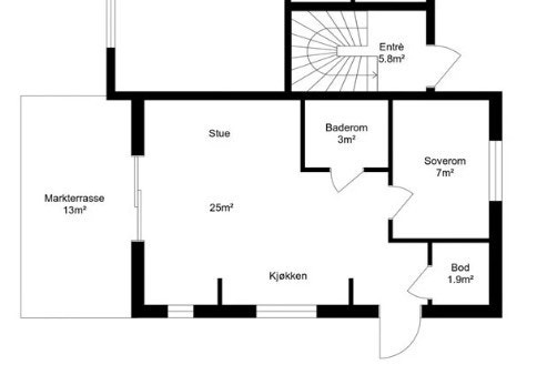 Planløsning 1. etasje. Det er rommet merket med entre (5,8 kvm) som tilhører denne leiligheten. Galleribilde