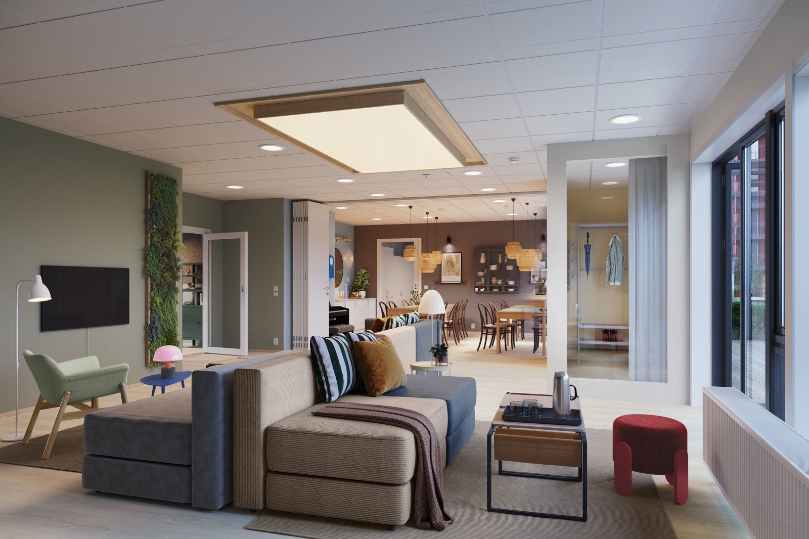 I fellesrommet kan du nyte dagslyslampene, eller bare slappe av i det lyse lokalet med en god bok. Galleribilde