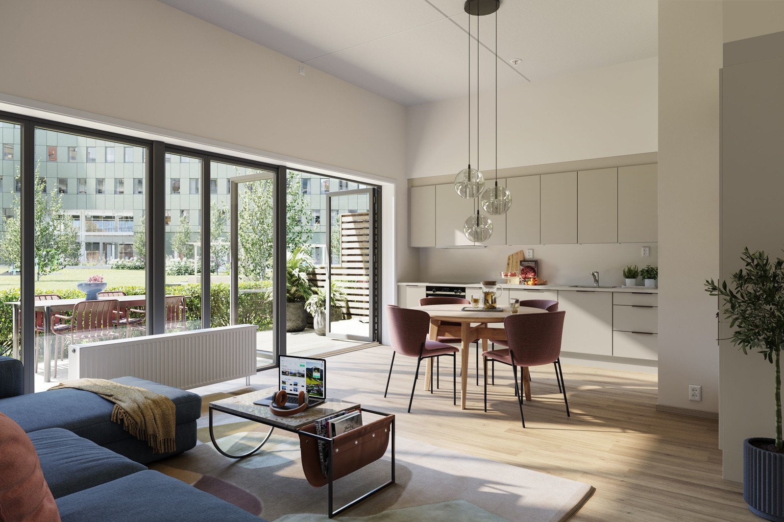 Leilighet 1011 med stue/ kjøkken med direkte utgang til fin markterrasse. Bemerker at dette kun er ment som illustrasjon og avvik kan forekomme. Galleribilde