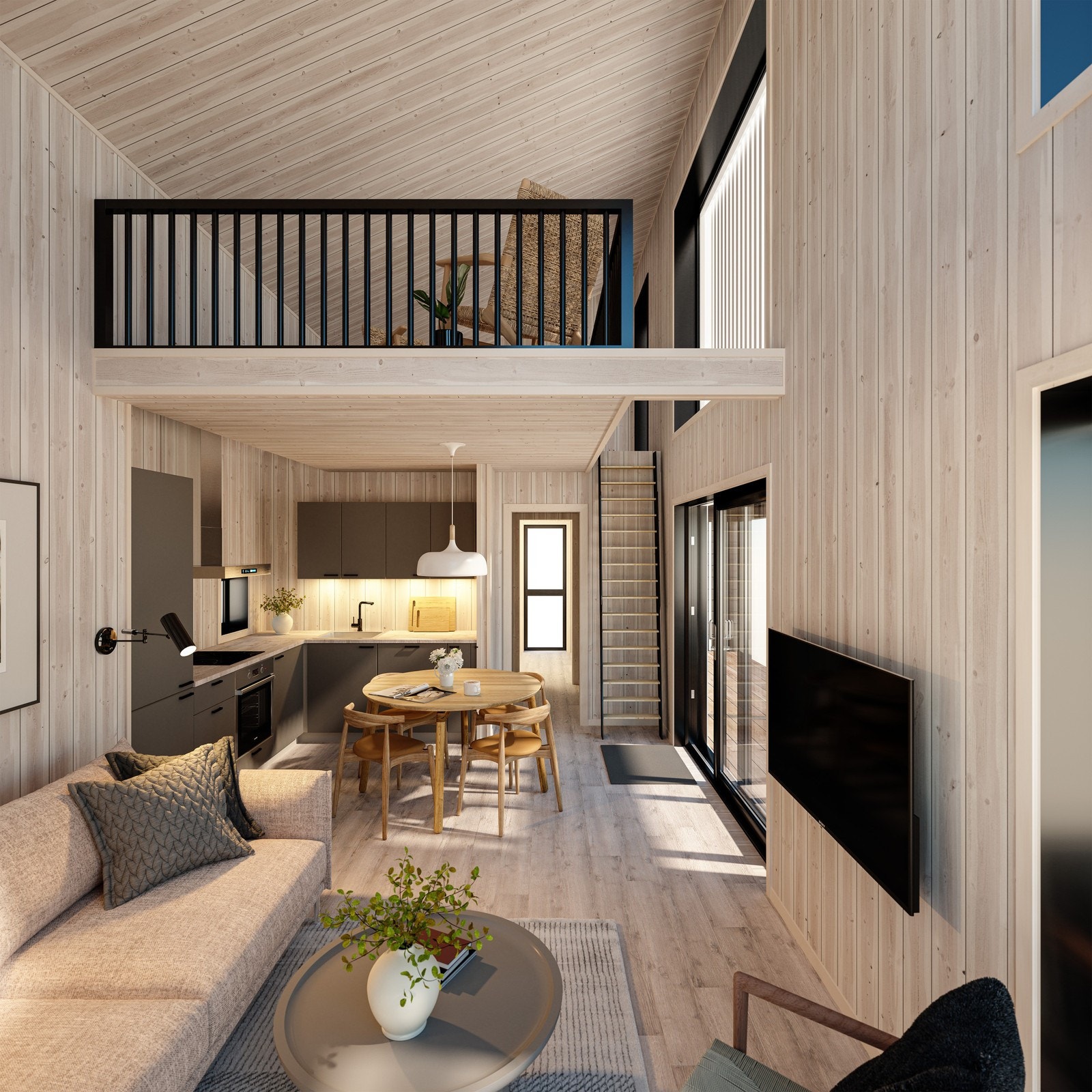 Et vakkert samspill mellom stue-kjøkken-hems, unik takhøyde. Store vindusflater slipper lyset og naturen inn. Galleribilde