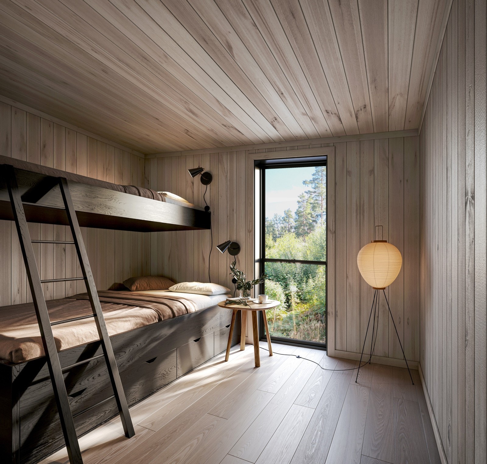 Soverom; med et perfekt plassert vindu som er med på å skape siktlinje/utsyn gjennom hele hytten: fra soverommet - gjennom stua. Galleribilde