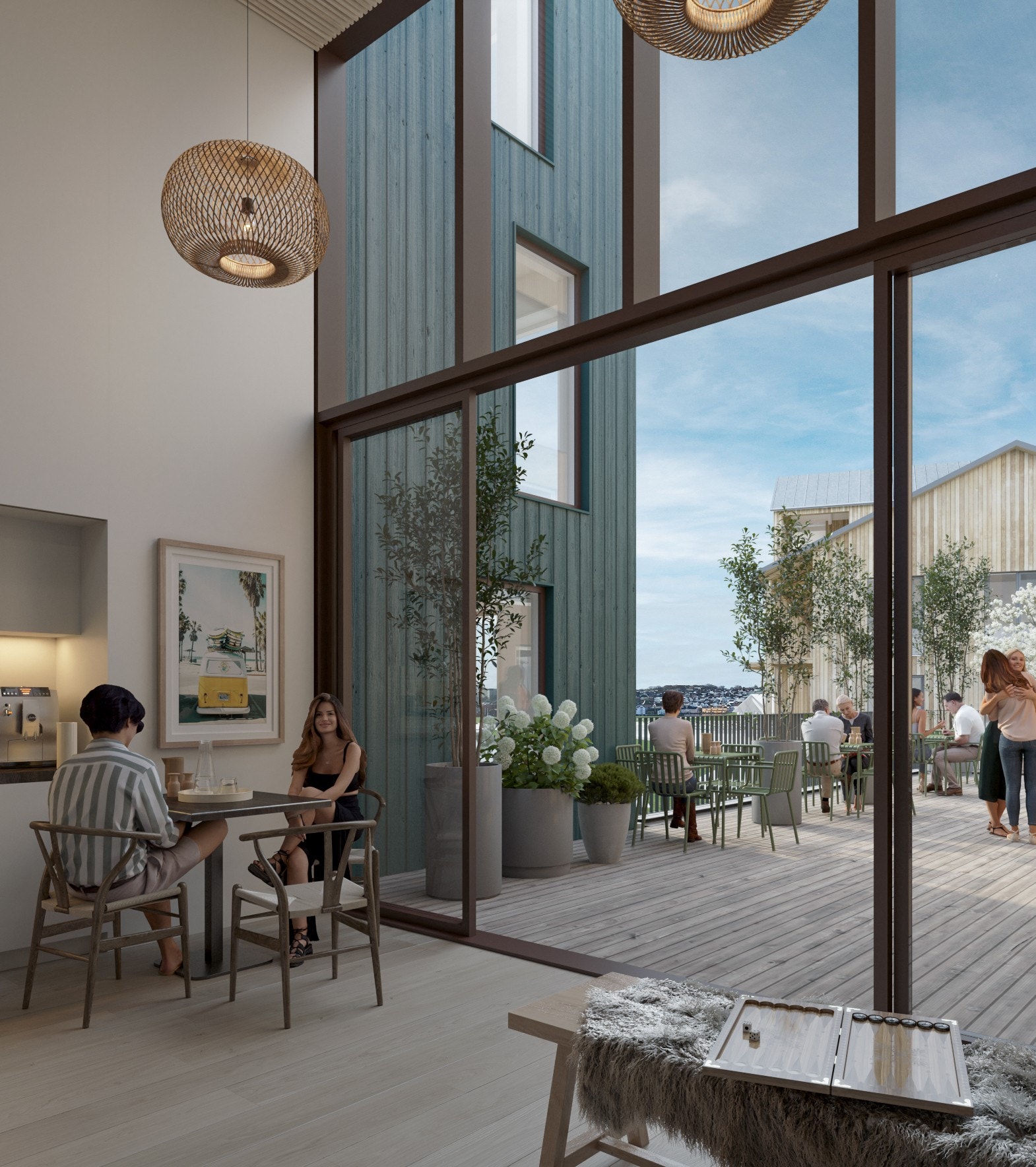 Felles allrom med kjøkken og spisebord i 2. etasje. Fra allrommet er det utgang til en solrik terrasse. Galleribilde