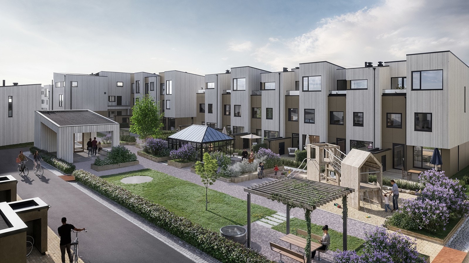 På Hafrsby blir det bilfrie tun, med boder og p-plass for bil og sykler i garasjeanlegg under bakken. I kjelleren er det også vannuttak for bil- og sykkelvask og innvendig gjesteparkering. Galleribilde