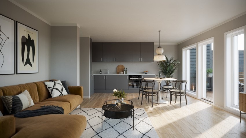 Romsleg stove med store vindaugsflater som sikrar godt lysinnslepp. God plass til å innreie med sittegrupper. Galleribilde