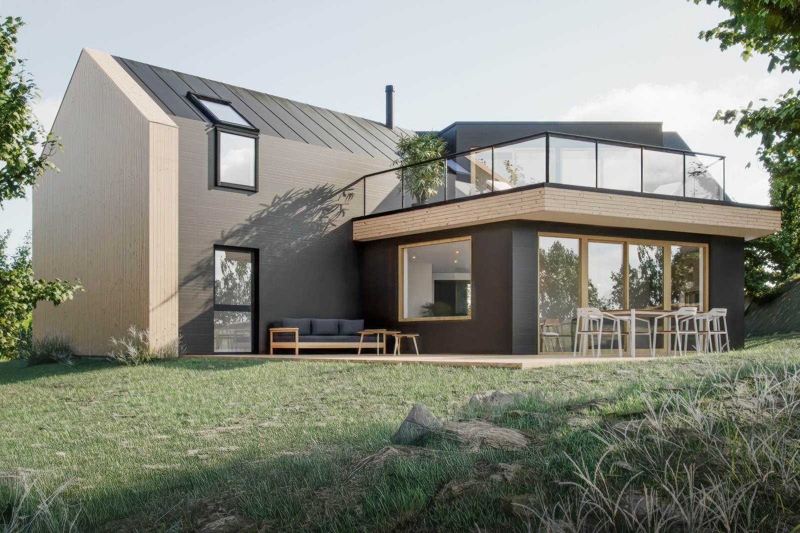 Moderne og tiltalende hus med stor terrasse og hage. Hus 1. Bildet er en illustrasjon og vil avvike fra faktiske forhold. Galleribilde