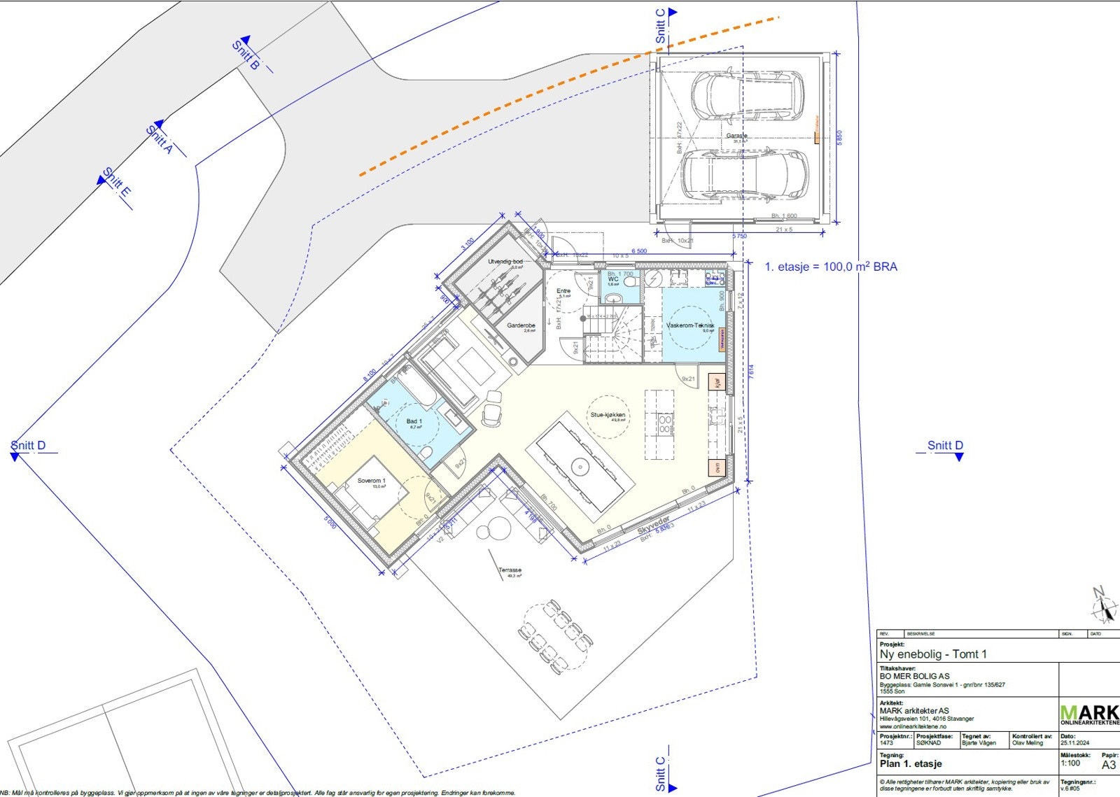 Hus 1, 1. etasje. Plantegningen kan avvike fra faktiske forhold. Galleribilde