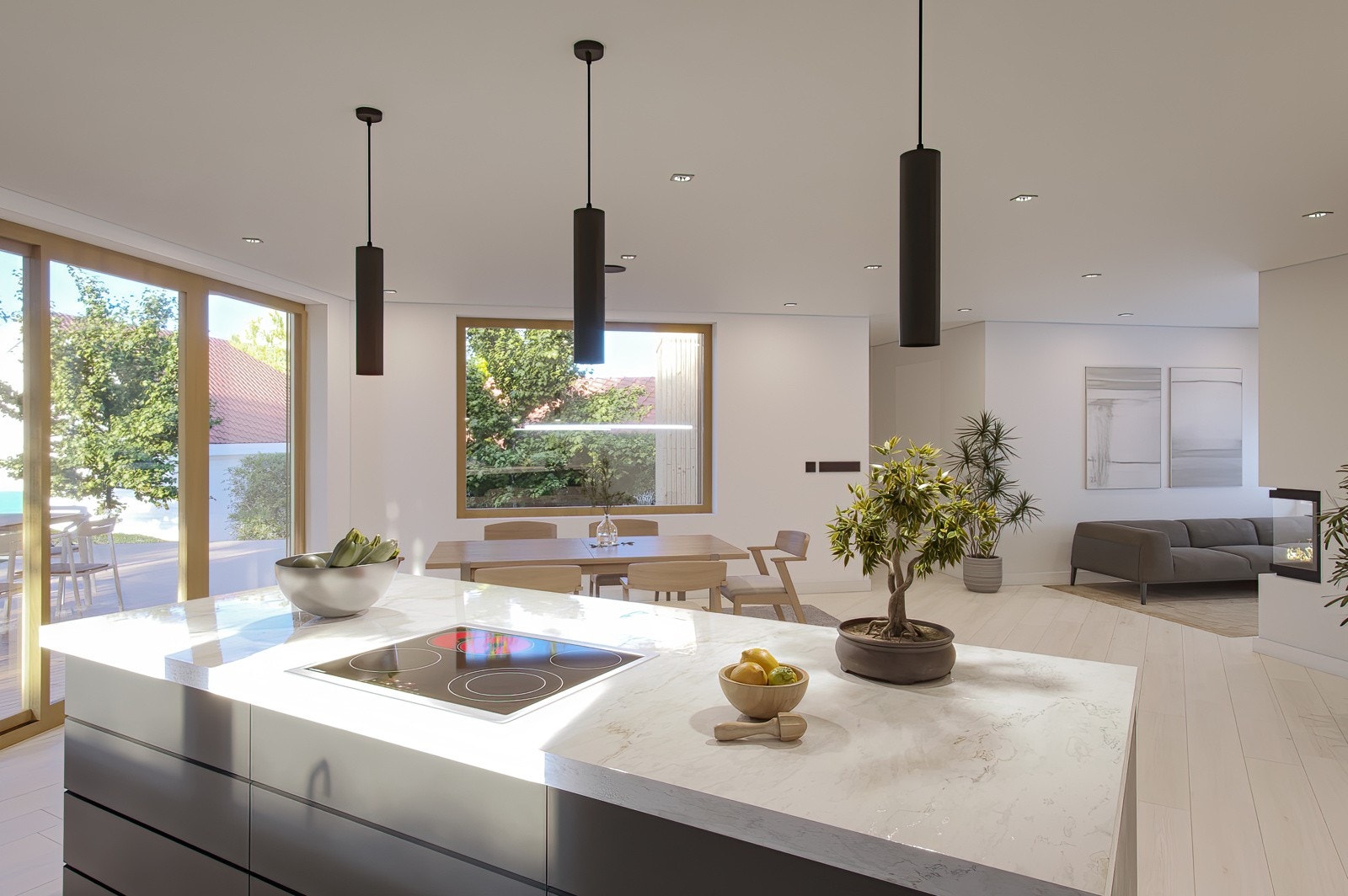 Store vinduer slipper mye lys inn. Hus 1. Bildet er en illustrasjon og vil avvike fra faktiske forhold. Galleribilde