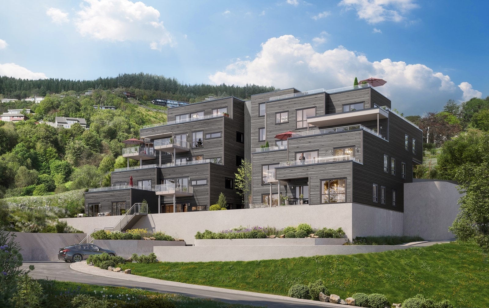 Illustrasjon fasade. Illustrasjonen avviker noe fra endelig løsning, se fasadetegning i salgsoppgaven Galleribilde