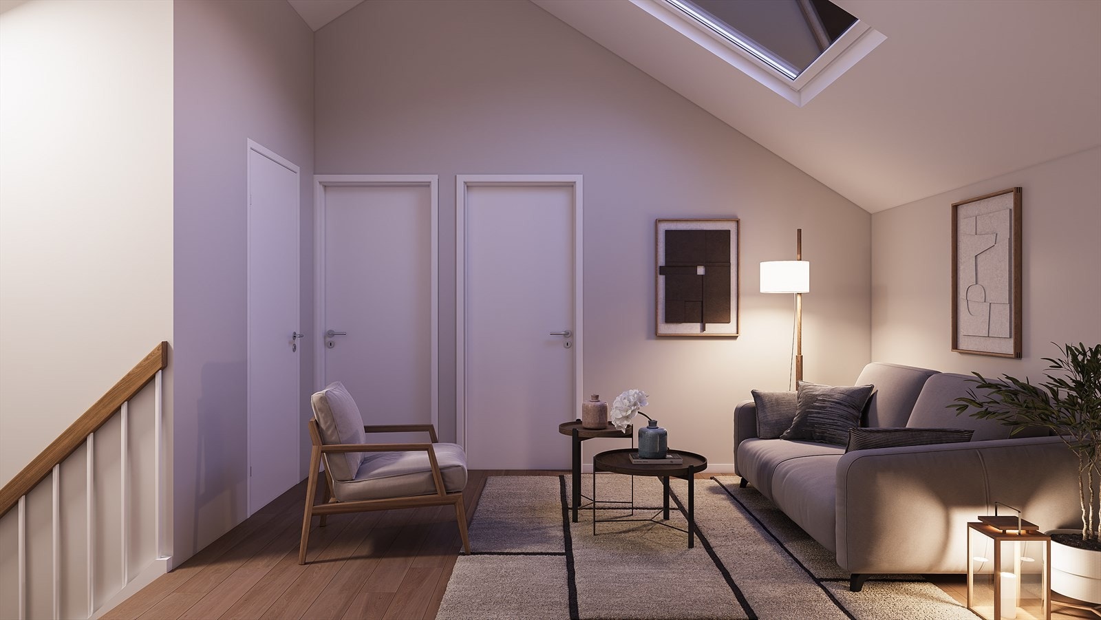 Loftstue i 2. etg. med dører til bad og soverom. 3D illustrasjon viser ikke faktisk leveranse Galleribilde