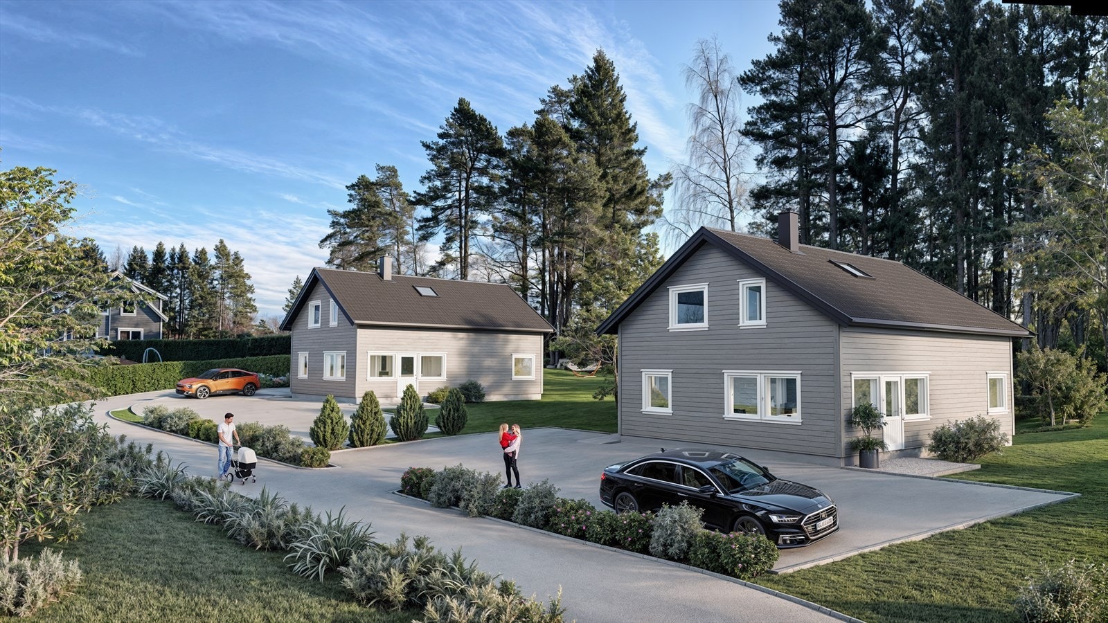 Fasade innkjørsel. 3D illustrajson viser ikke faktisk leveranse og tomteforhold. Galleribilde