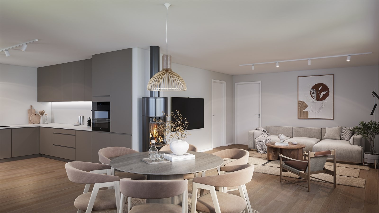 Åpen stue/kjøkkenløsning. Bildet er en illustrasjon, og viser ikke faktisk leveranse. Galleribilde