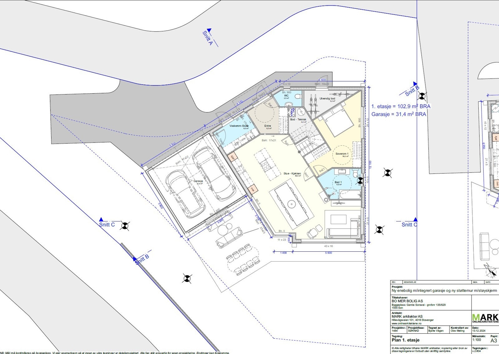 Hus 3, 1. etasje. Plantegningen kan avvike fra faktiske forhold. Galleribilde