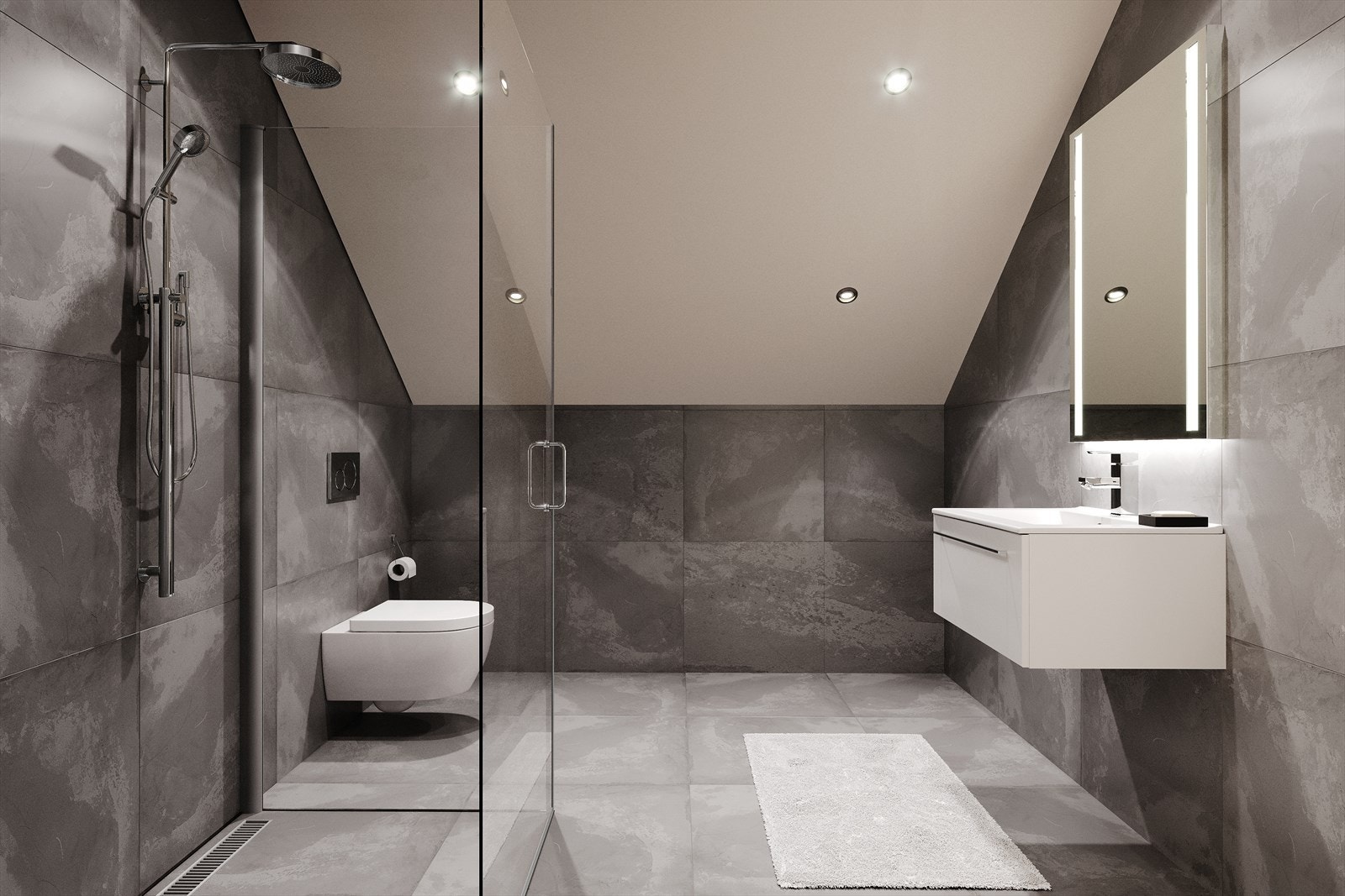 Boligene har baderom i både 1 og 2. etasje som leveres med 60x60 cm flis på gulv og vegg. Bilde fra baderom i 2. etasje. Illustrasjonsbilde og avvik kan forekommer. Galleribilde