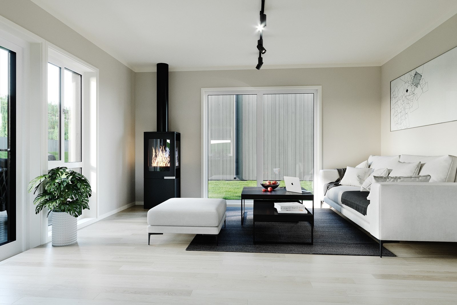 Lyse, moderne og innbydende farge- og materialvalg. Sett fra kjøkkensone mot stue. Illustrasjonsbilde og avvik kan forekommer. Galleribilde