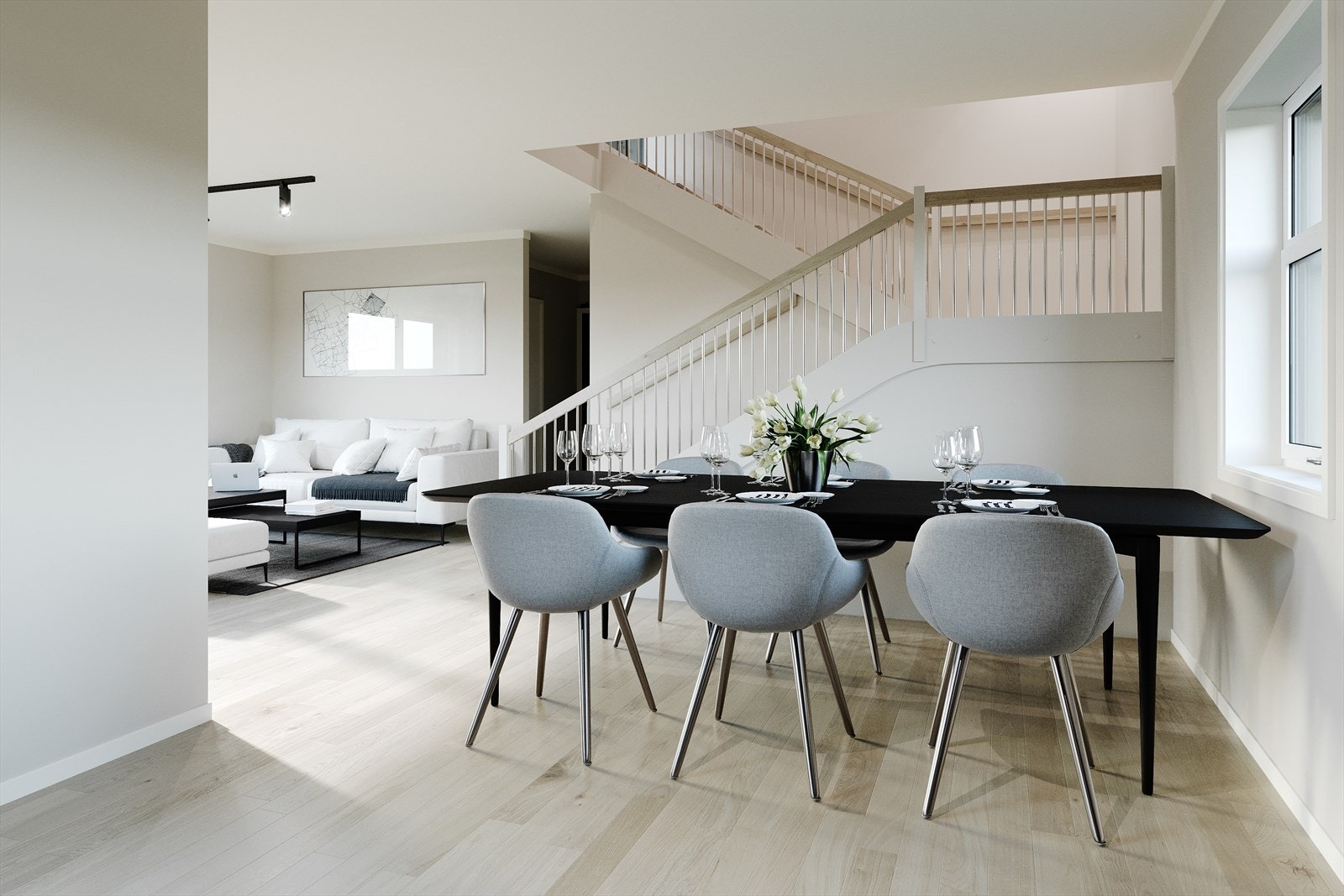 Sett fra kjøkken mot spise- og stuesone. Illustrasjonsbilde og avvik kan forekommer. Galleribilde