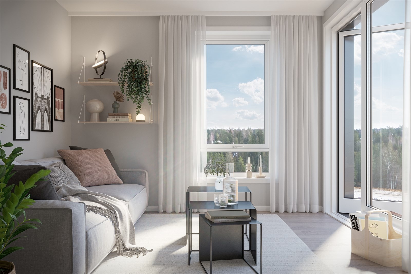 Leiligheten er lys og fresh med moderne åpen løsning og balkong. Illustrasjonsfoto Galleribilde