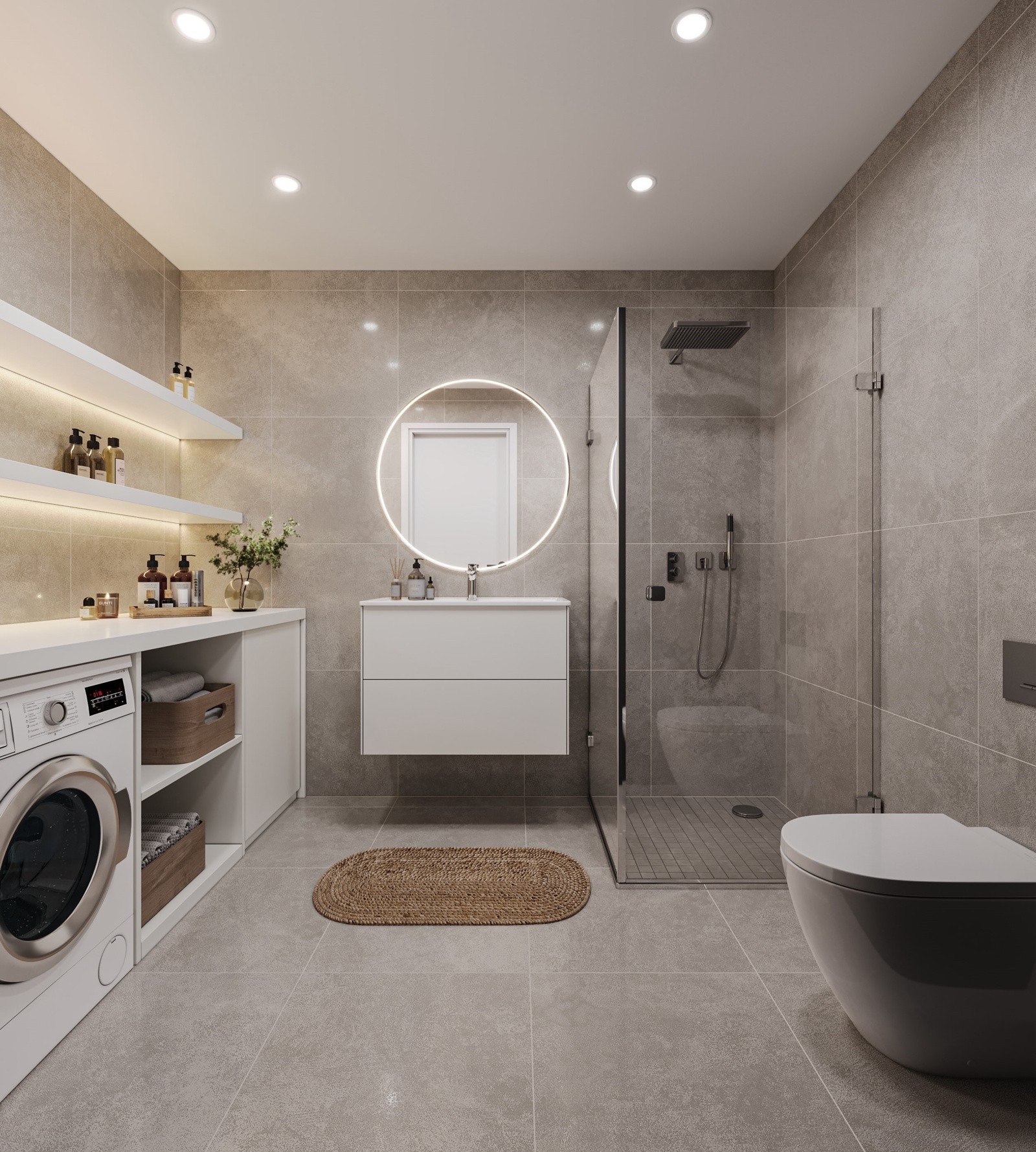 Heilflisa bad med 60x60 fliser. Varmekabler i golv og opplegg for vaskemaskin. Galleribilde