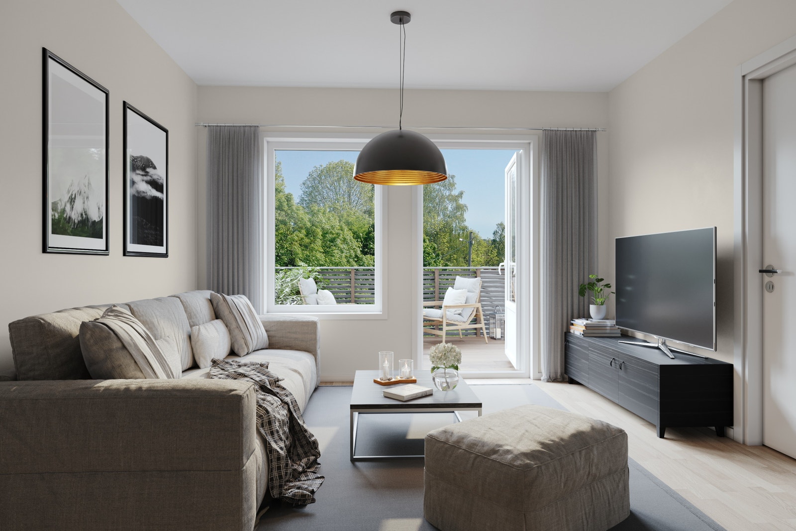 Interiørbilde fra Tv-Stue i 2.etasje i rekkehusene. Tv-Stuen vil ha utgang romslig balkong. Utsikten kan avvike fra virkeligheten. Galleribilde