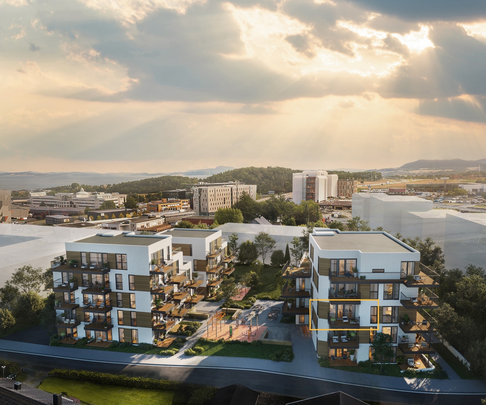 Prosjektet ligger veldig flott til i enden av Gildheimsvegen. Dette er en liten perle i et nytt og stort boligområde. Illustrasjon, avvik kan forekomme. Galleribilde