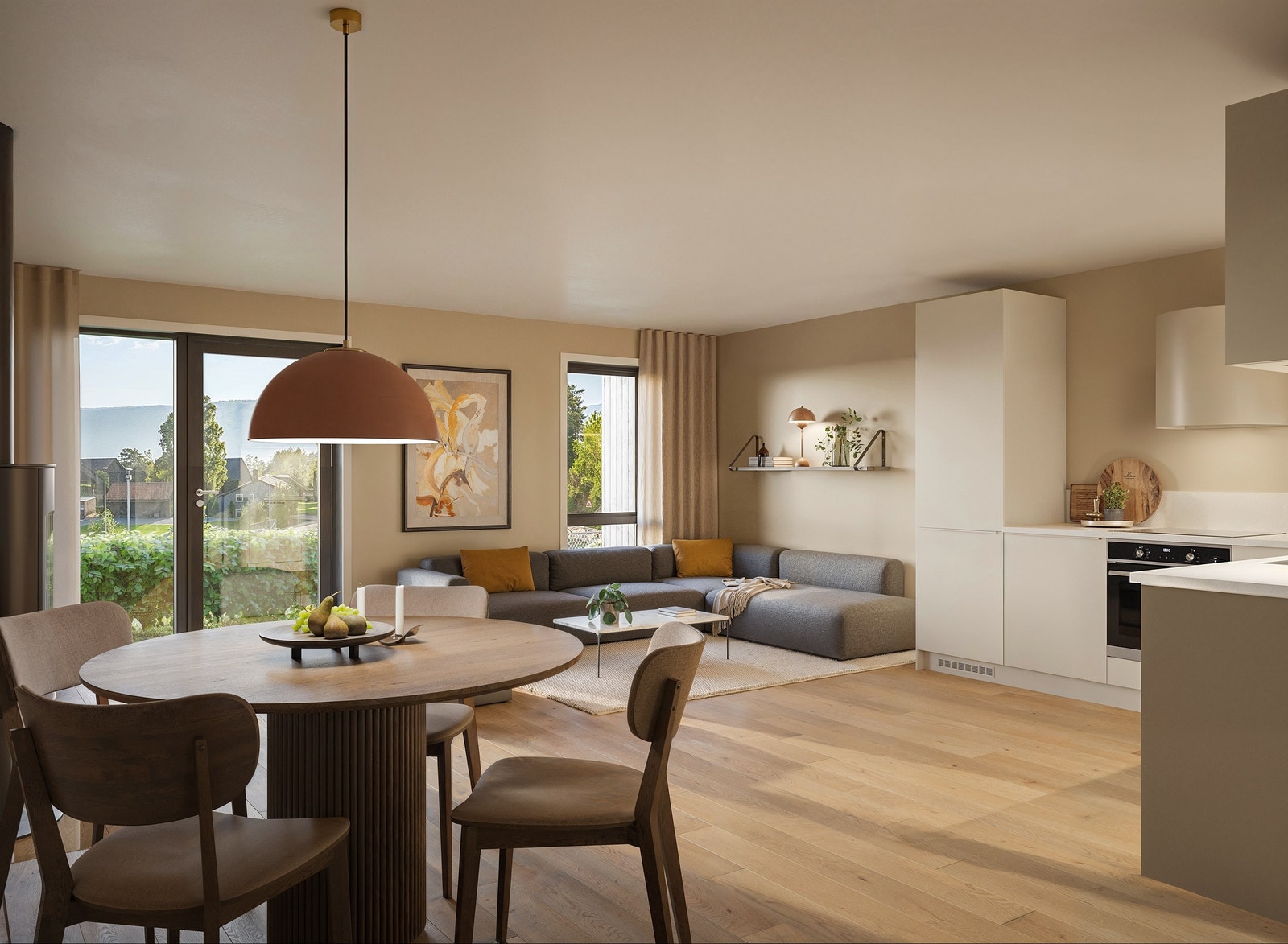 Illustrasjon fra spiseplass med åpen stue/kjøkkenløsning. Galleribilde