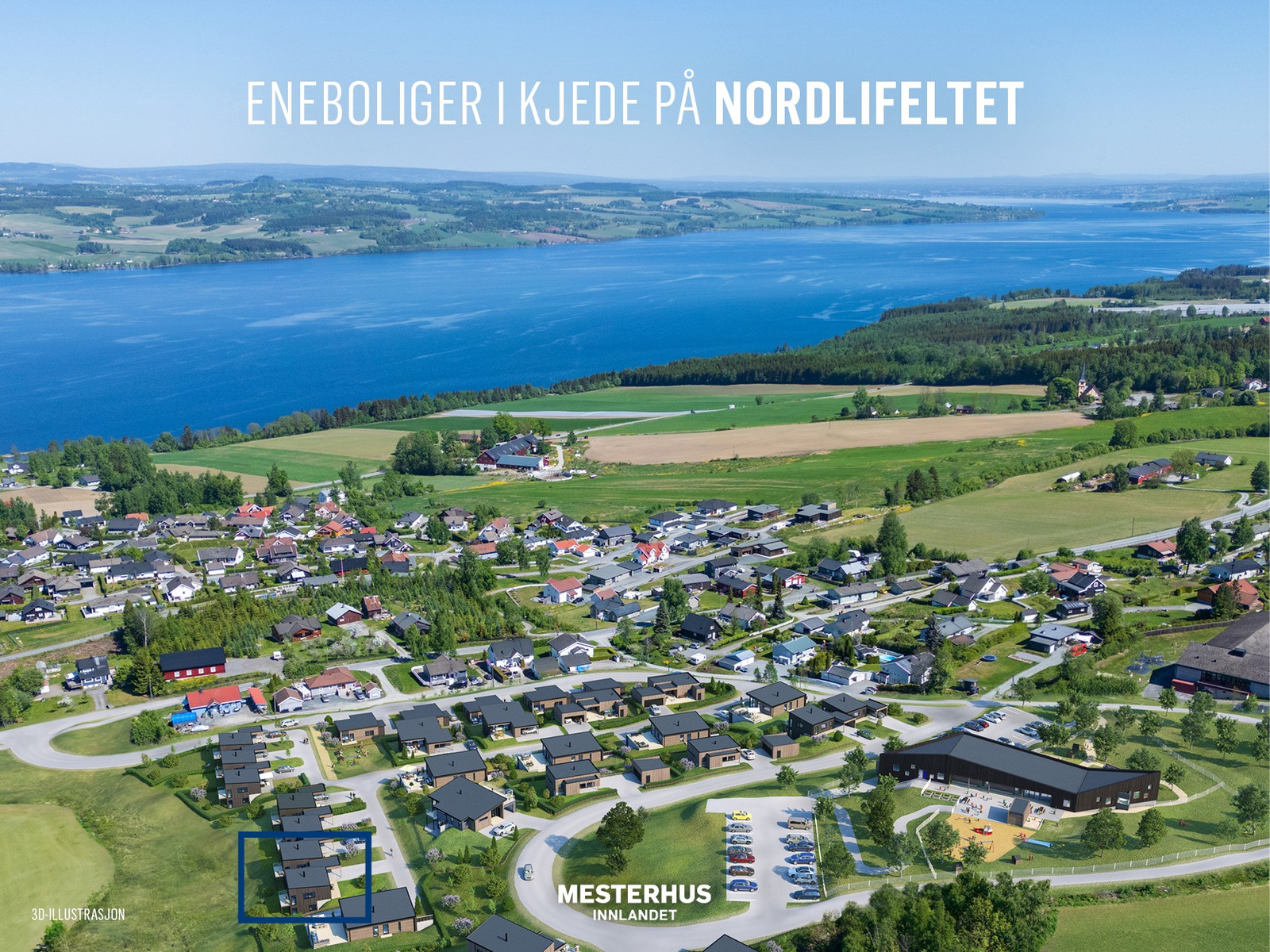 Vi har planlagt 9 eneboliger i kjede på feltet, og nå lanseres de to første! 3D