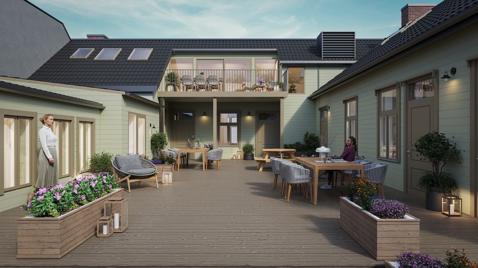 Terrasse med inngangsdør og terrassedør til leiligheten. Galleribilde