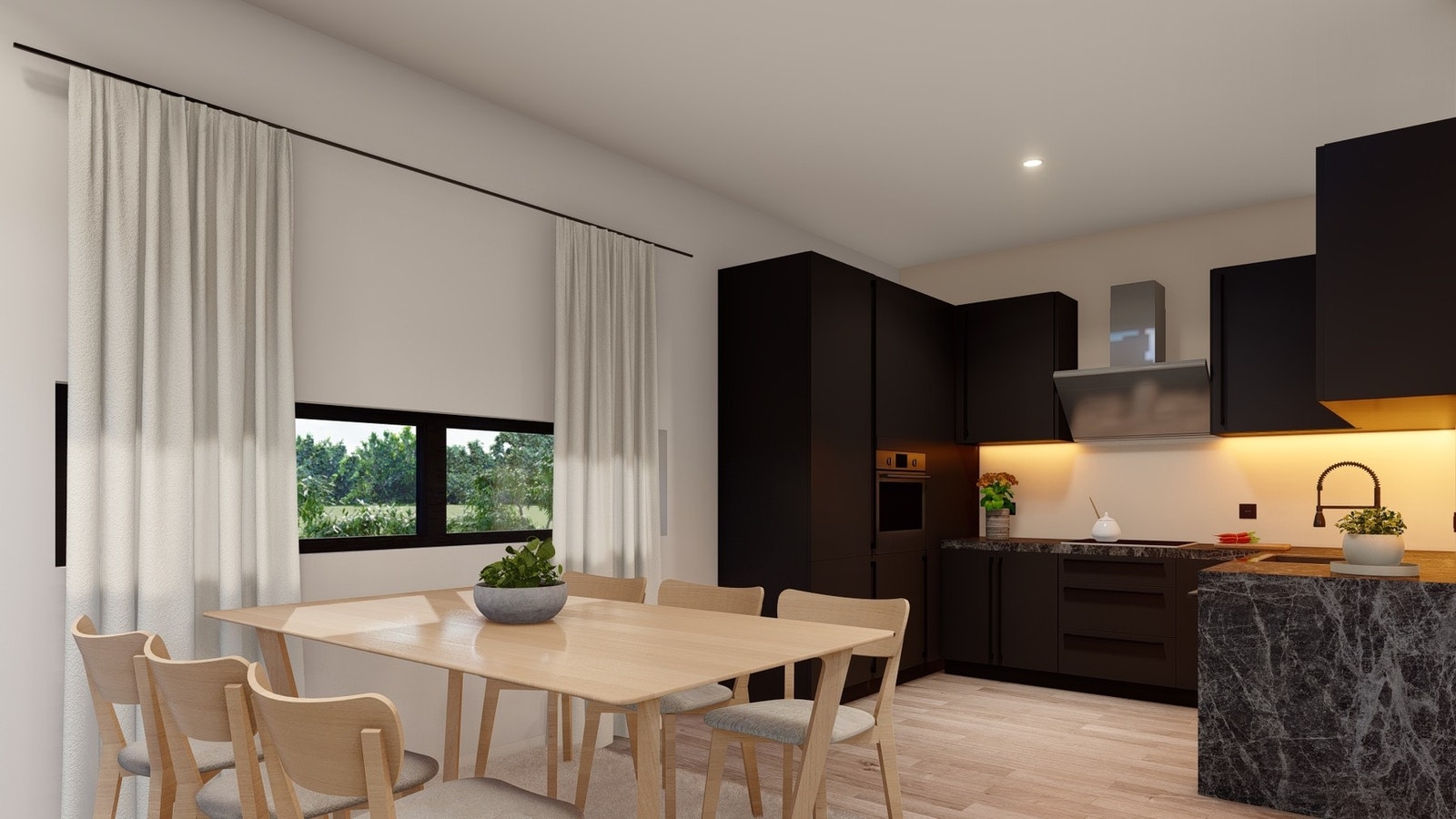 Alle hvitevarer som integrert komfyr, med keramisk koketopp, oppvaskmaskin og integrert kjøl-/fryseskap, oppvaskkum og blandebatteri er inkludert. Galleribilde