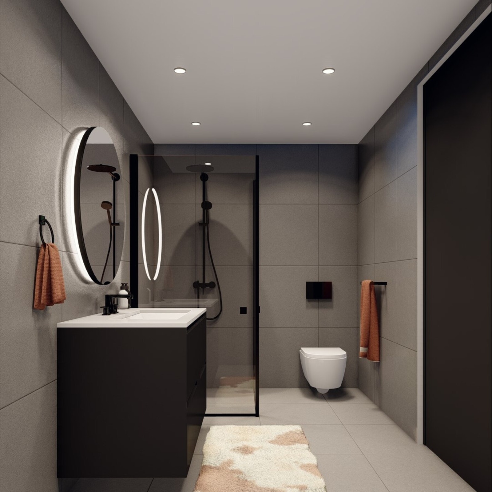 Bad med vegghengt toalett. Dusjevegger vil bli montert med herdet glass, samt takdusj med tilhørende hånddusj. Over servant vil det bli montert
speil med LED-lys og stikkontakter. Varmekabler på bad og vaskerom. Galleribilde