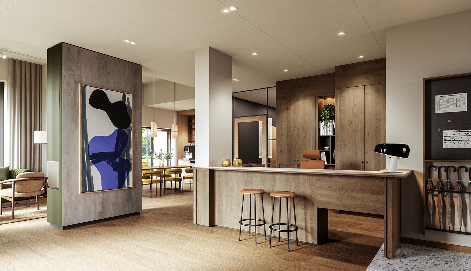 Vertskapet er daglig tilstede i resepsjonen, og holder orden på serviceområdet, organiserer alle tilbud, tilrettelegger og bistår med praktisk hjelp - enten det er hus-, helse- eller vel- væretjenester. Illustrasjon - avvik vil forekomme. Galleribilde