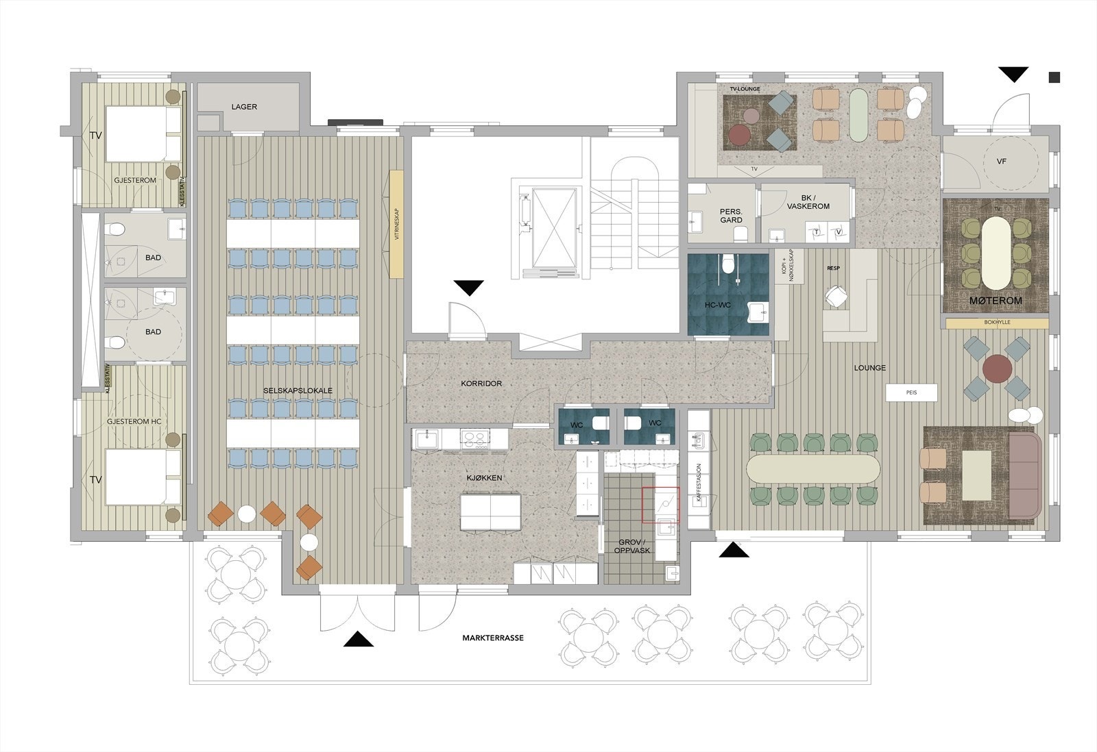 Se de flotte fellesfasilitetene i prosjektet! Selskapslokaler, gjesteboliger, peisestue med egen kaffestasjon, tv-stue, møterom - og ikke minst en smilende vert/vertinne som ønsker deg velkommen hjem! Galleribilde