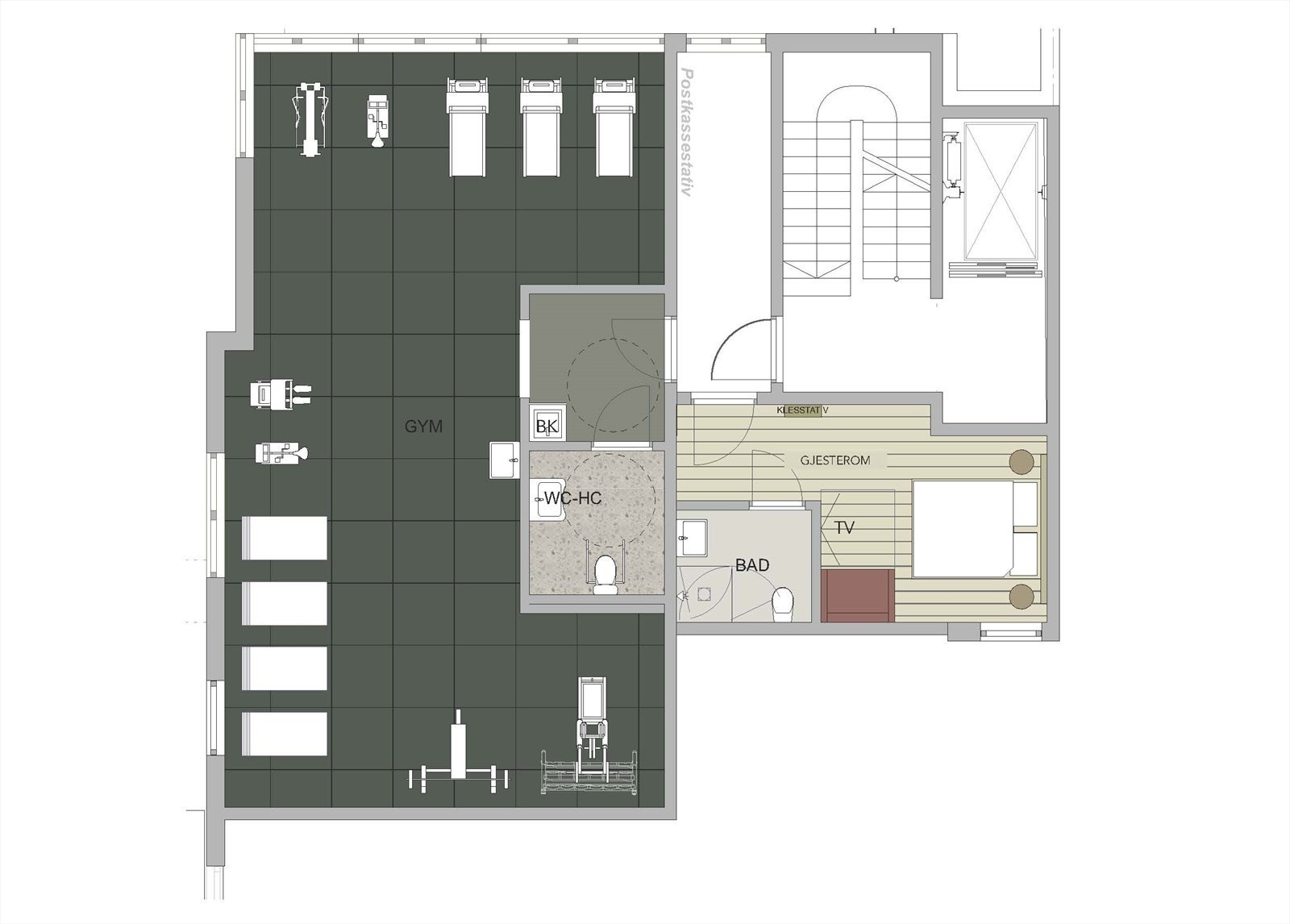I nærmeste nabobygg (hus B) kommer det tredje gjesterommet - og ikke minst treningssenter for beboerne! Fri bruk er inkludert i Plusskonseptet, så dagens treningsabonnement kan nok avsluttes. Galleribilde