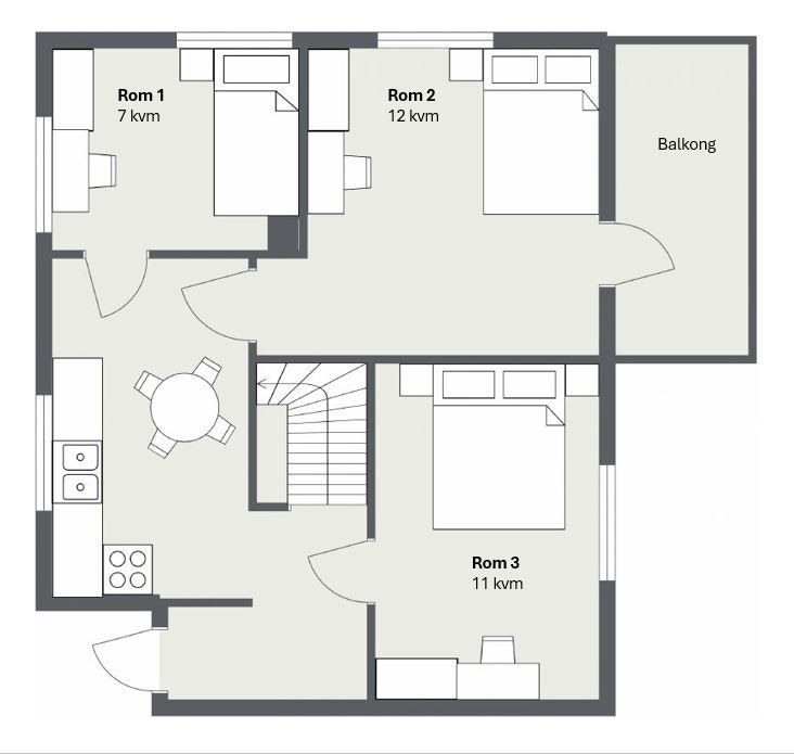 Plantegning 1 Etg. Rom 2 har egen balkong Galleribilde
