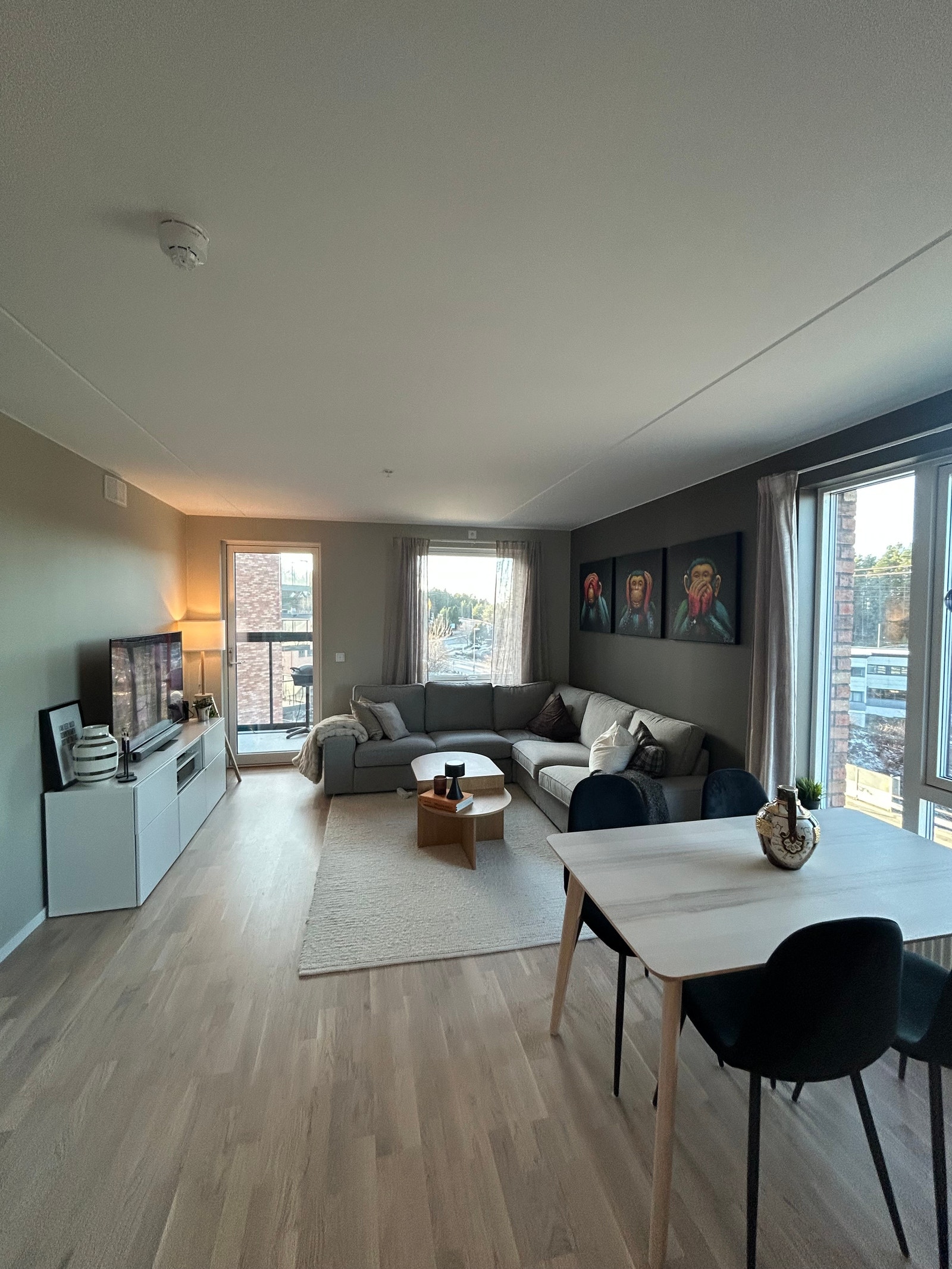 Stue store vindusflater og utgang til innglassert balkong Galleribilde