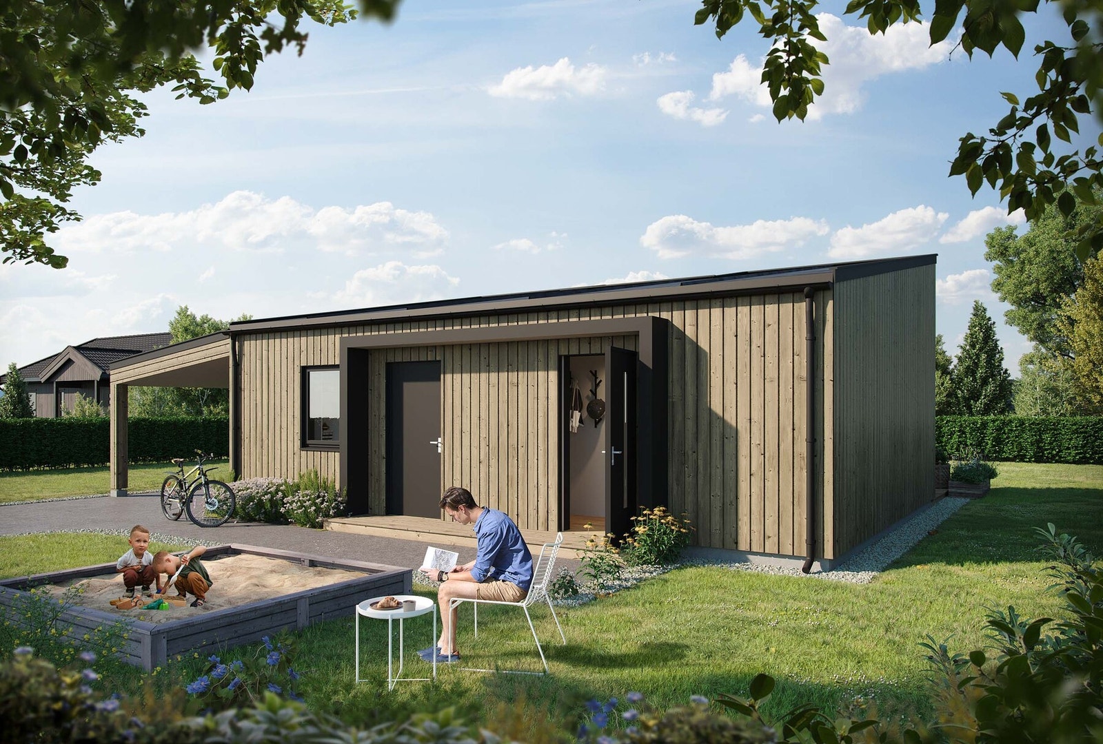 Pen og moderne fasade med tilhørende carport. Galleribilde