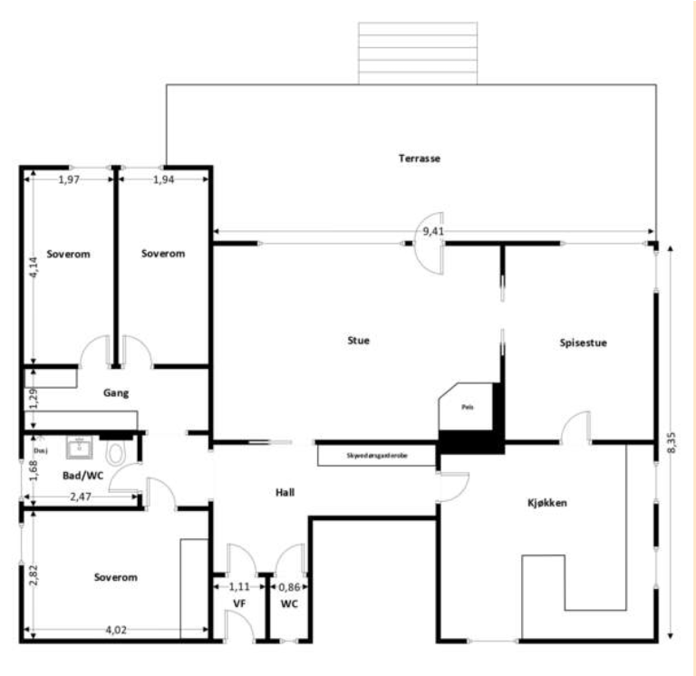 Plan over 1.etasje. Innvending kjellertrapp er vis a vis garderobeskapet i hallen Galleribilde
