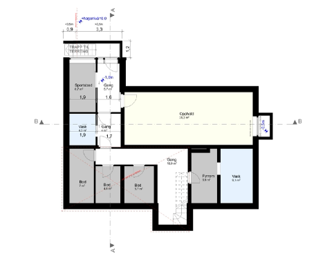 Plan over kjeller. Rom merket som "opphold" leies ut som en separat hybel. "Sportsbod" er godkjent for varig opphold. Vaskerom med toalett i rom merket "vask" ved Sportsboden. Galleribilde