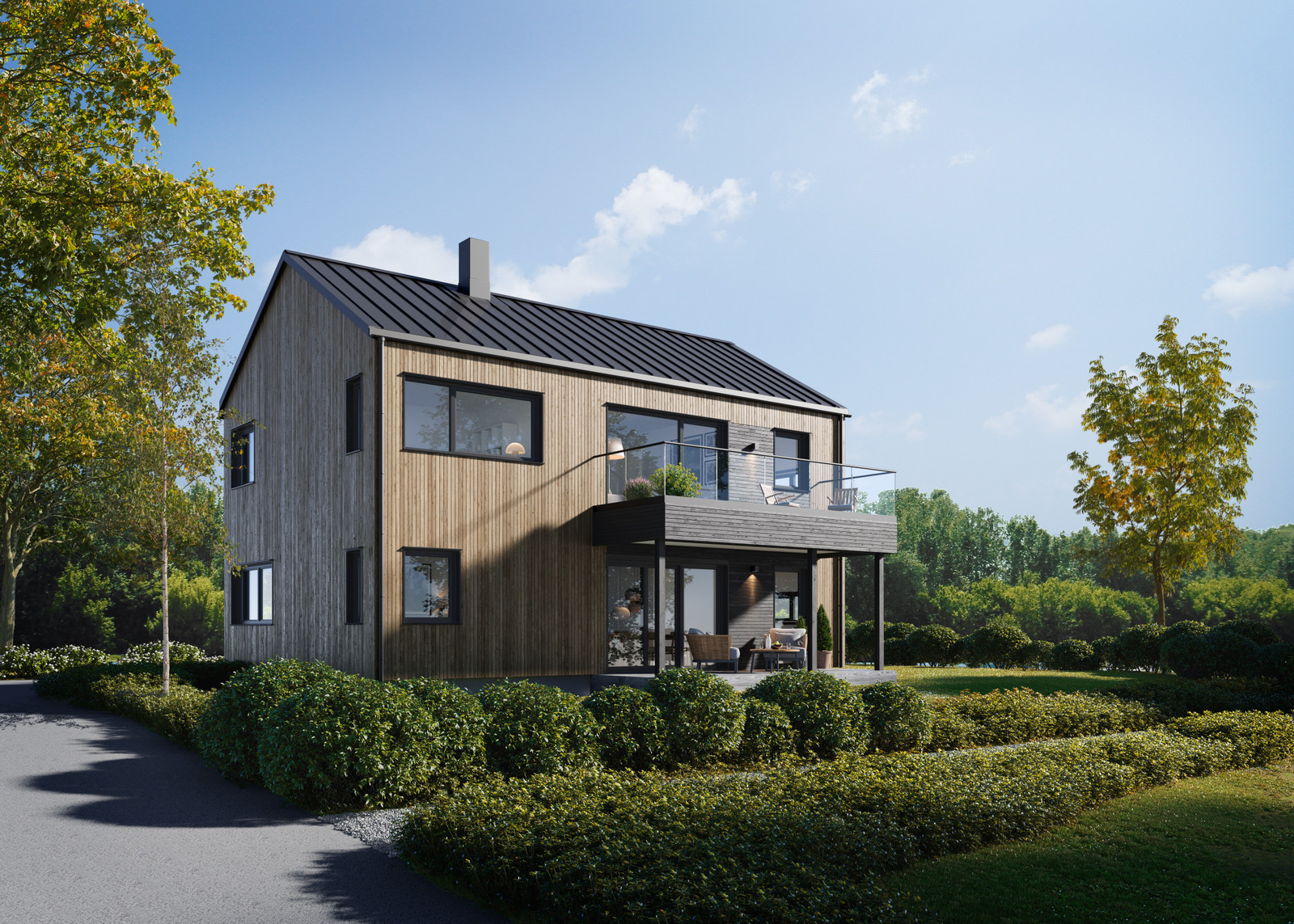 Iren er det perfekte valget for deg som ønsker et moderne hus med minimalistisk, stilrent uttrykk og praktiske løsninger.  3D-illustrasjon