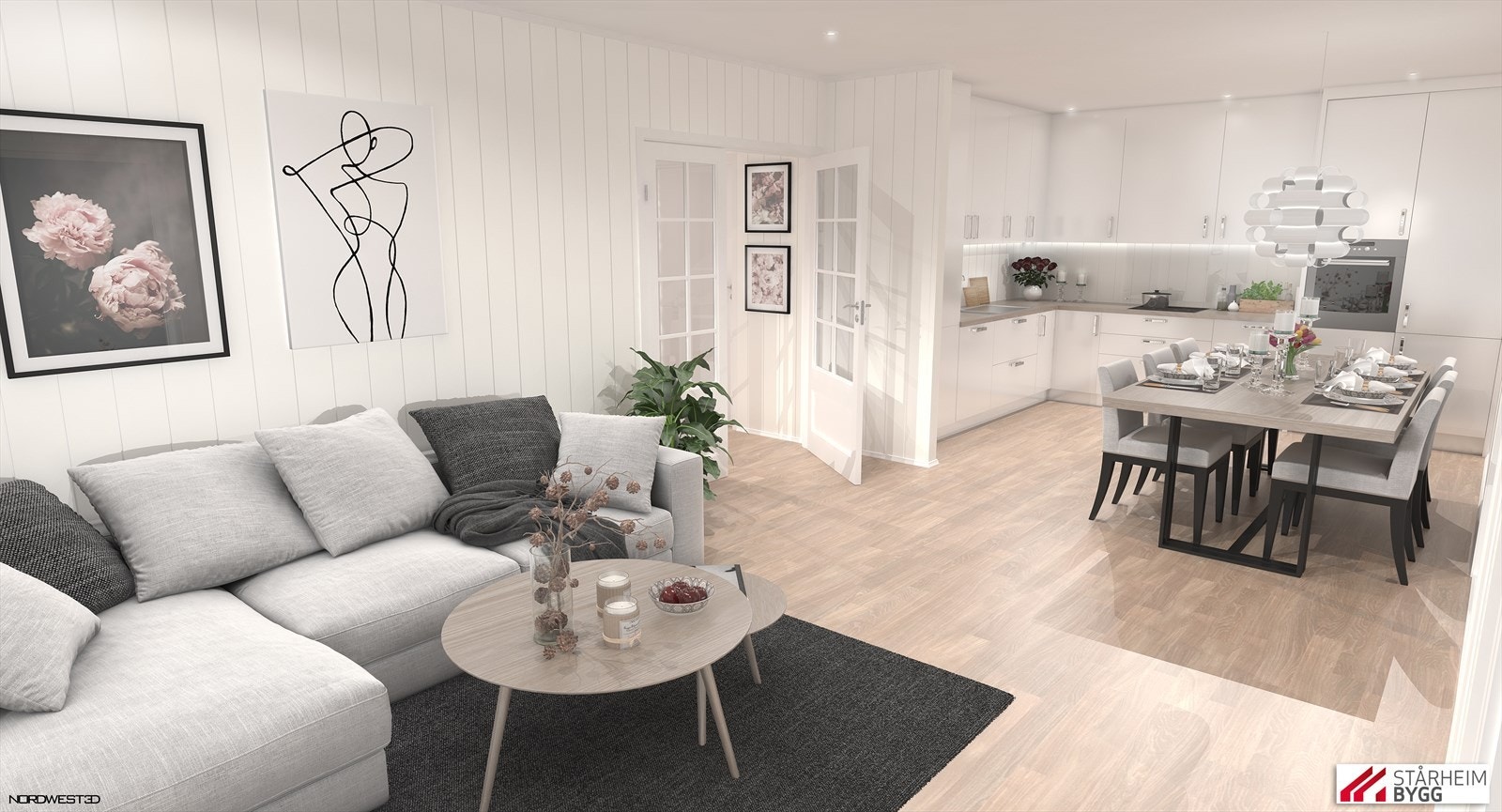 Illustrert bilete av kjøkken/stove i leilegheitane Galleribilde