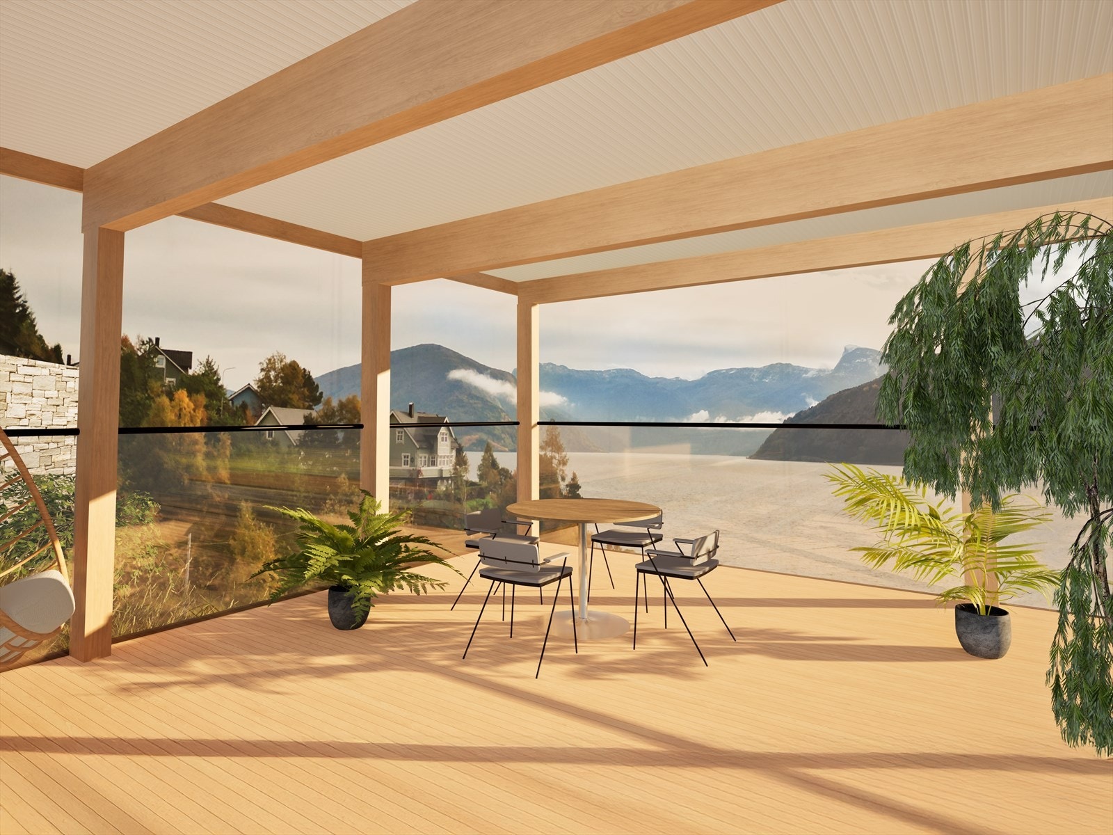 Illustrasjon av overbygd og solrik balkong i underetasje med nydelig utsikt mot fjord og fjellheim. Galleribilde