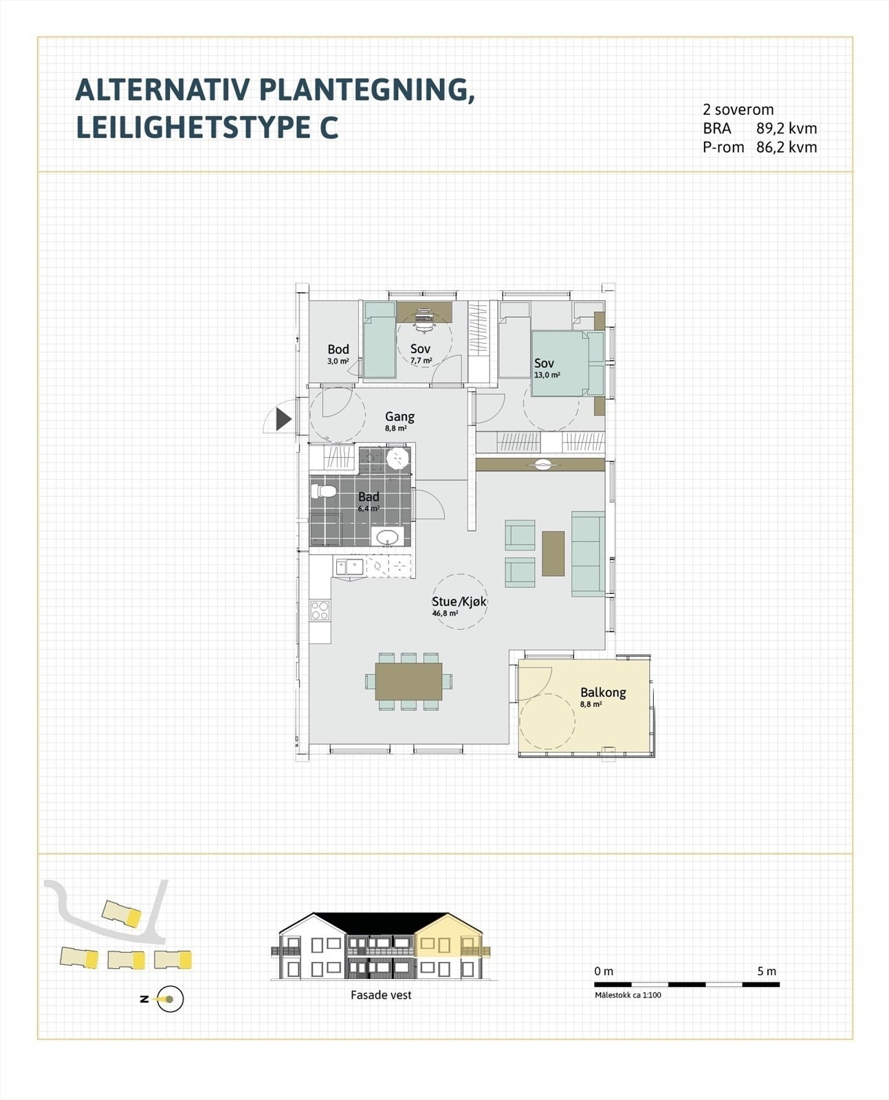 Plantegning leilighetstype C med 2 soverom Galleribilde