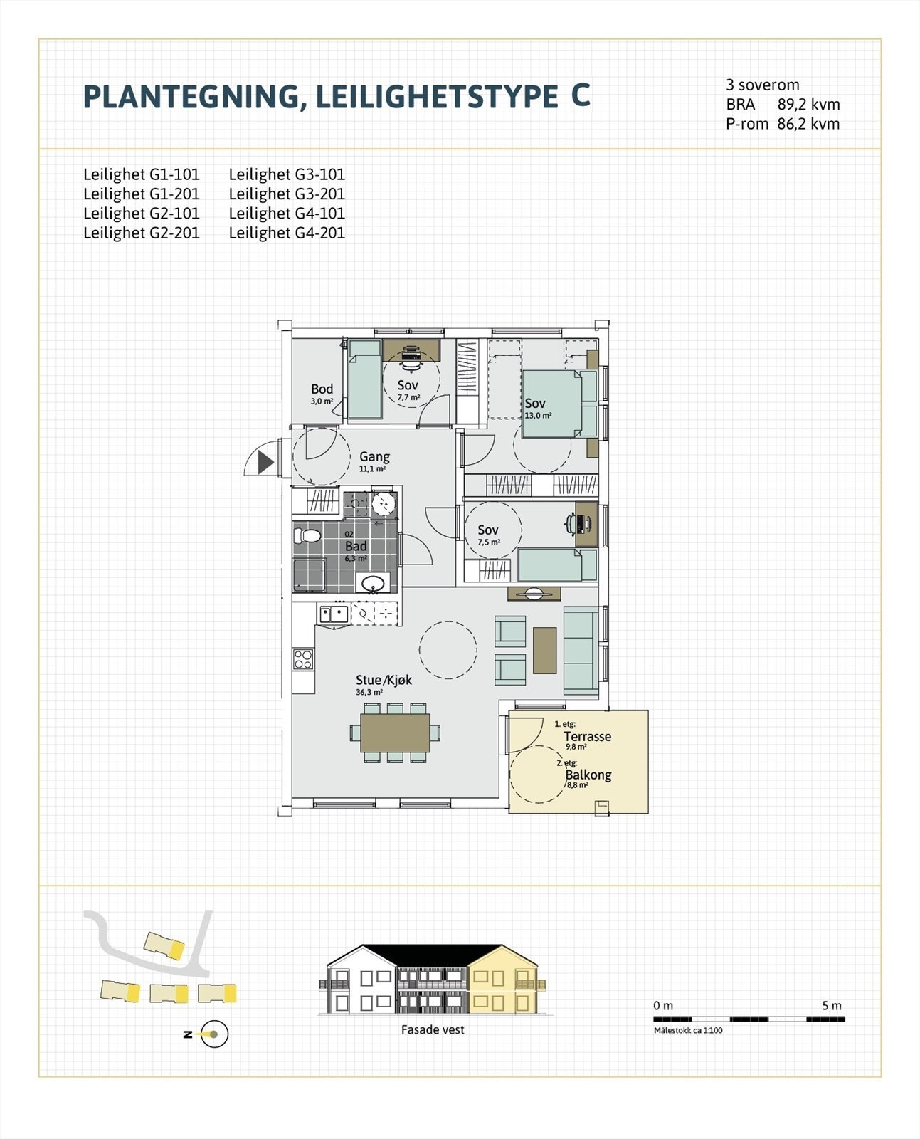 Plantegning leilighetstype C med 3 soverom Galleribilde