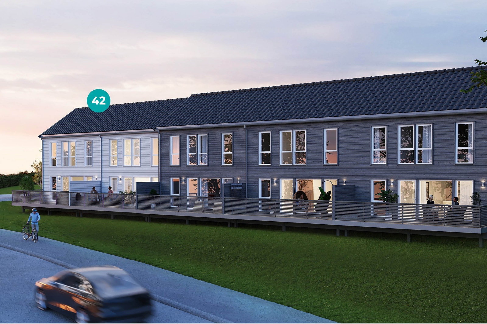 Rekkehusene får 2 balkonger og hage-del. Illustrasjon Galleribilde