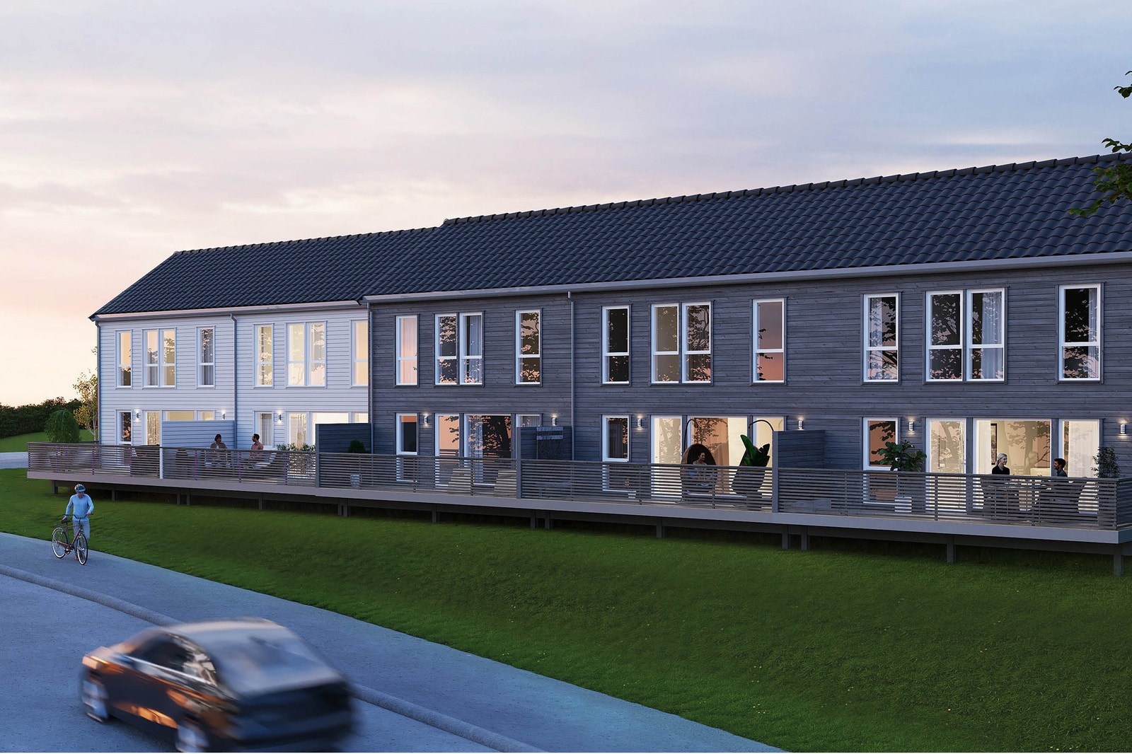 Rekkehusene får 2 balkonger og hage del. Illustrasjon Galleribilde