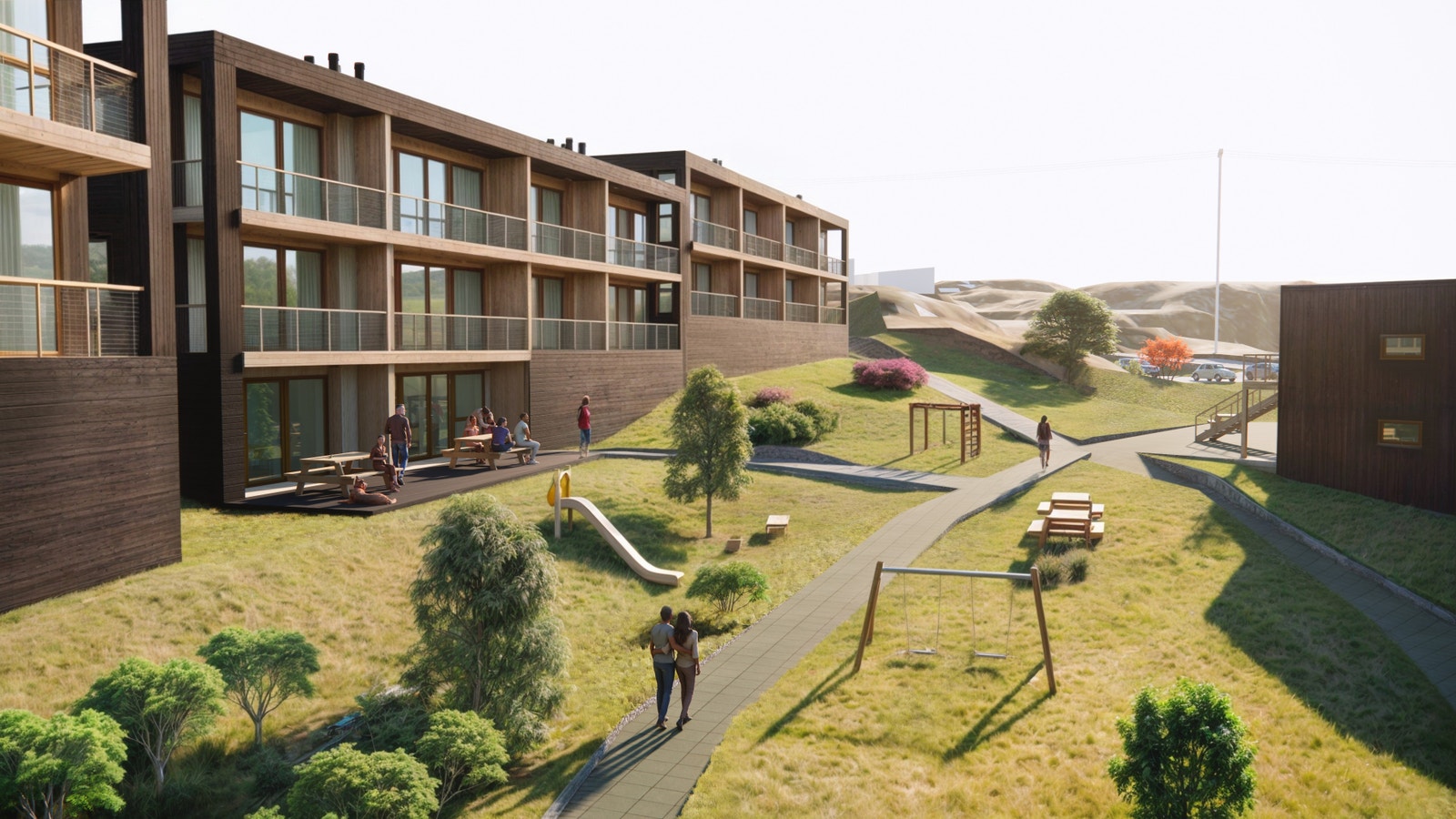 Mellom byggene kommer det flotte fellesareal og parkeringsplass like ved (illustrasjon). Galleribilde