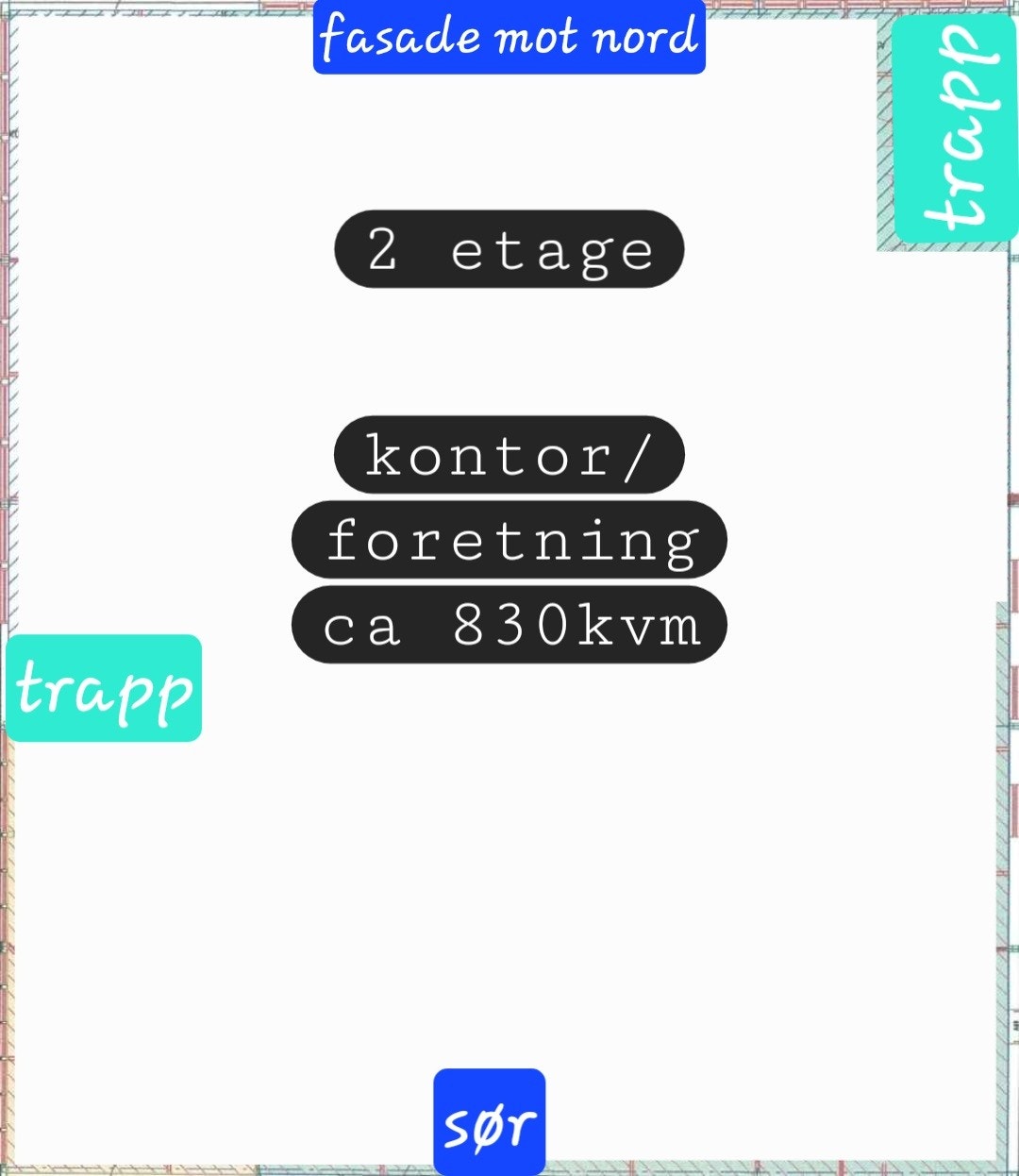 Kontorer 2.etasje(øverst). Møterom, kontorer, spiserom, WC, m.m.
Gulmarkert område er utleid.
Trapp og heis mellom 1. og 2.etasje.
Hele eller deler av dette kan kombineres med leie av 1.etasje(900 kvm) Galleribilde