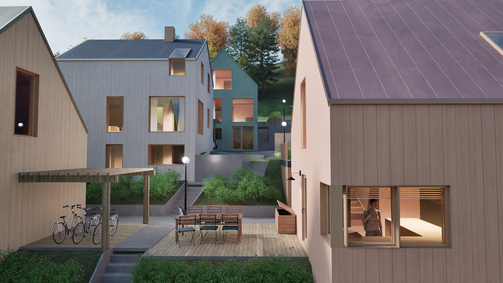 Det blir pent opparbeidet med terrasser og beplanting rundt husene. Galleribilde