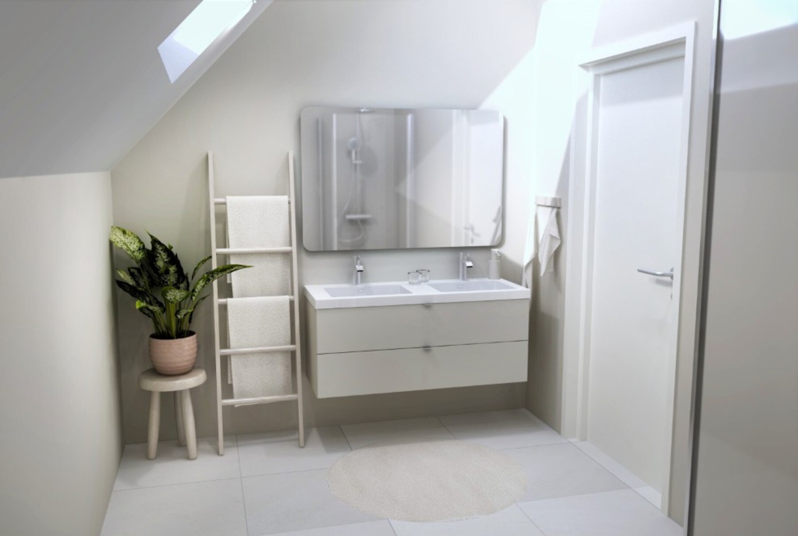 Delikate bad med store 60x60 flis og moderne baderomsinnredning. Galleribilde
