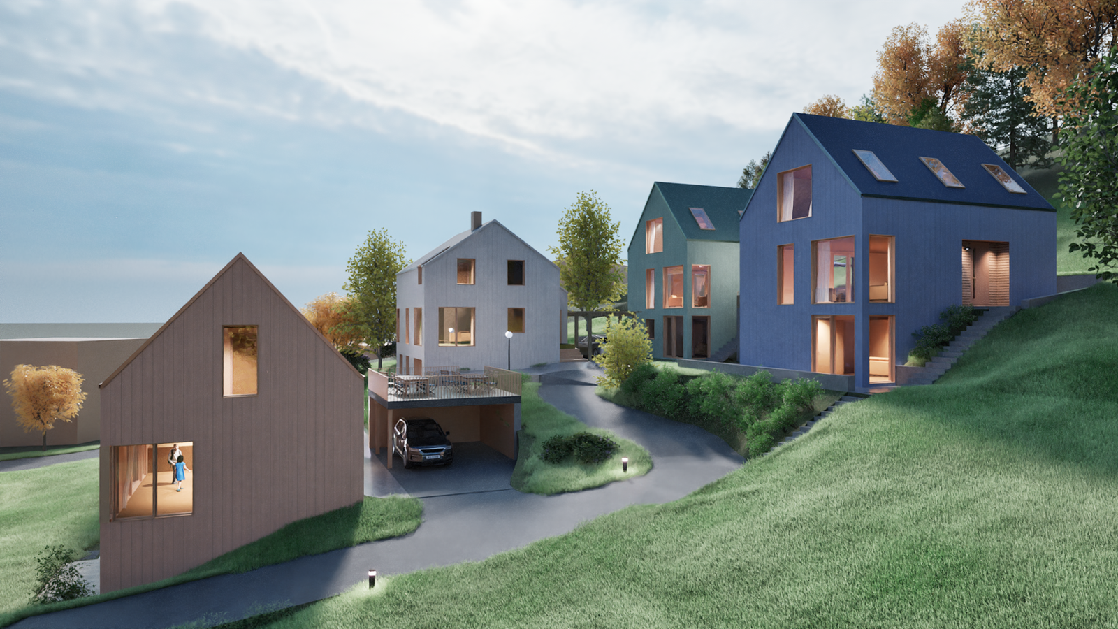 William Farres veg 8 A ligger fremst i feltet og får egen carport bak huset. (Arkitektens illustrasjoner) Galleribilde