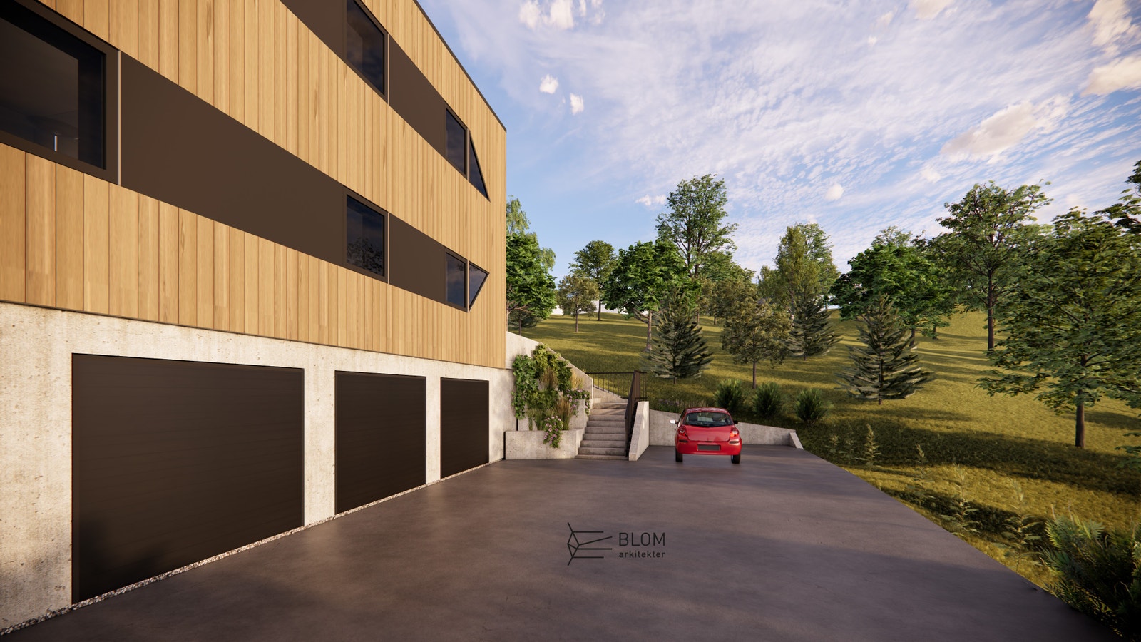 Gårdsplass med parkeringsarealer Galleribilde